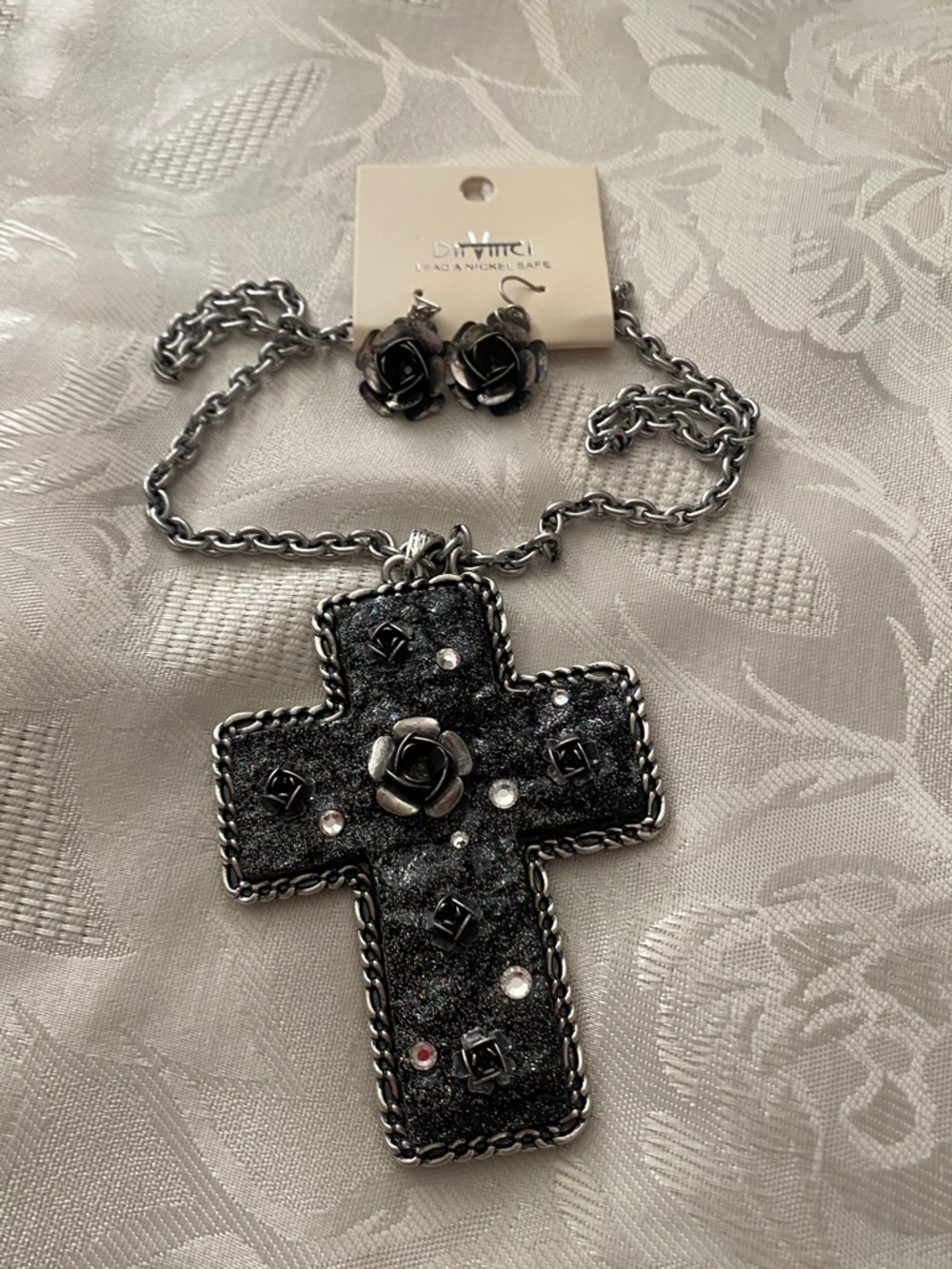 DaVinci Cross Necklace & Rose Earrings Set Steampunk Goth Pendant 3.5”H Black